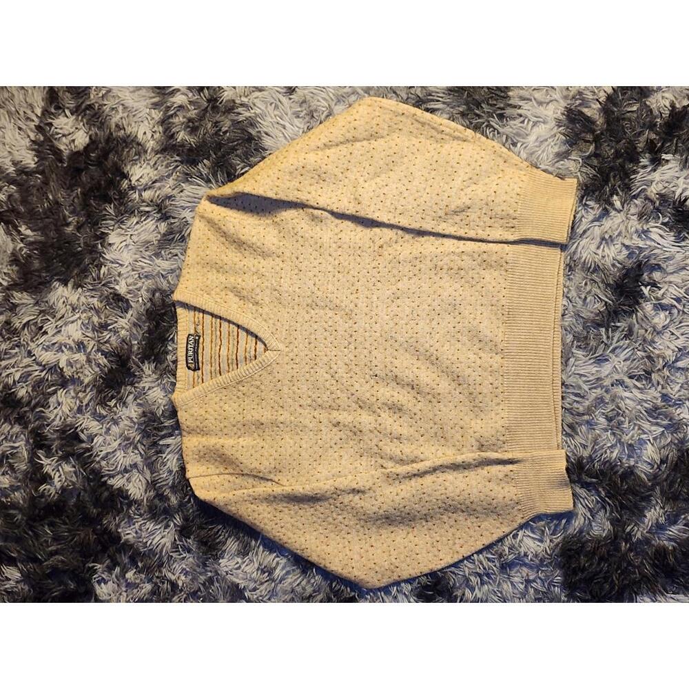 VTG 70s 80s Puritan Spotted Dots Sweater Fuzzy Made in USA Cream Mens XL V Neck